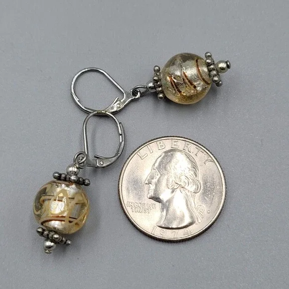 Yellow Swirl Glass Bead Pierced Earrings Silver tone Dangle 3/4" - Picture 8 of 9